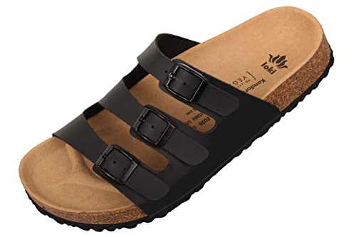 loki ANNA by Pantoletten für Damen I nachhaltig & vegan, PETA-zertifiziert I Sandalen mit flexibler EVA-Laufsohle & Memory-Korkfußbett I 3-Riemer Schlappen, Allergiker-freundlich I 42 in Schwarz