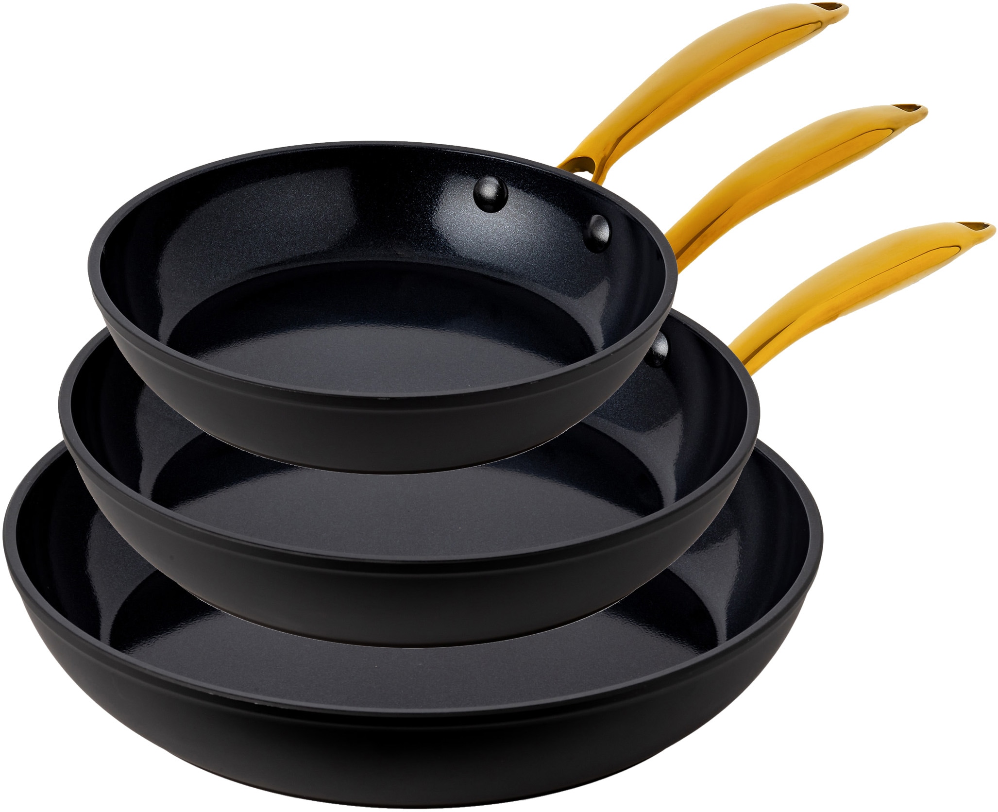 HENSSLER SCHNELLE NUMMER Bratpfanne "HSN", Aluminium, (Set, 3 tlg.), BLACK CERAMIC Antihaftbeschichtung, goldener Edelstahlgriff, Induktion