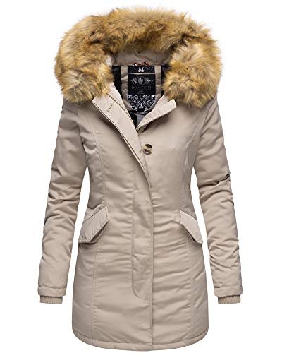 Marikoo Damen Winter Jacke Stepp Parka Mantel Winterjacke warm gefüttert Kunstpelz KARMAA XS-XXL (XXL, Beige)