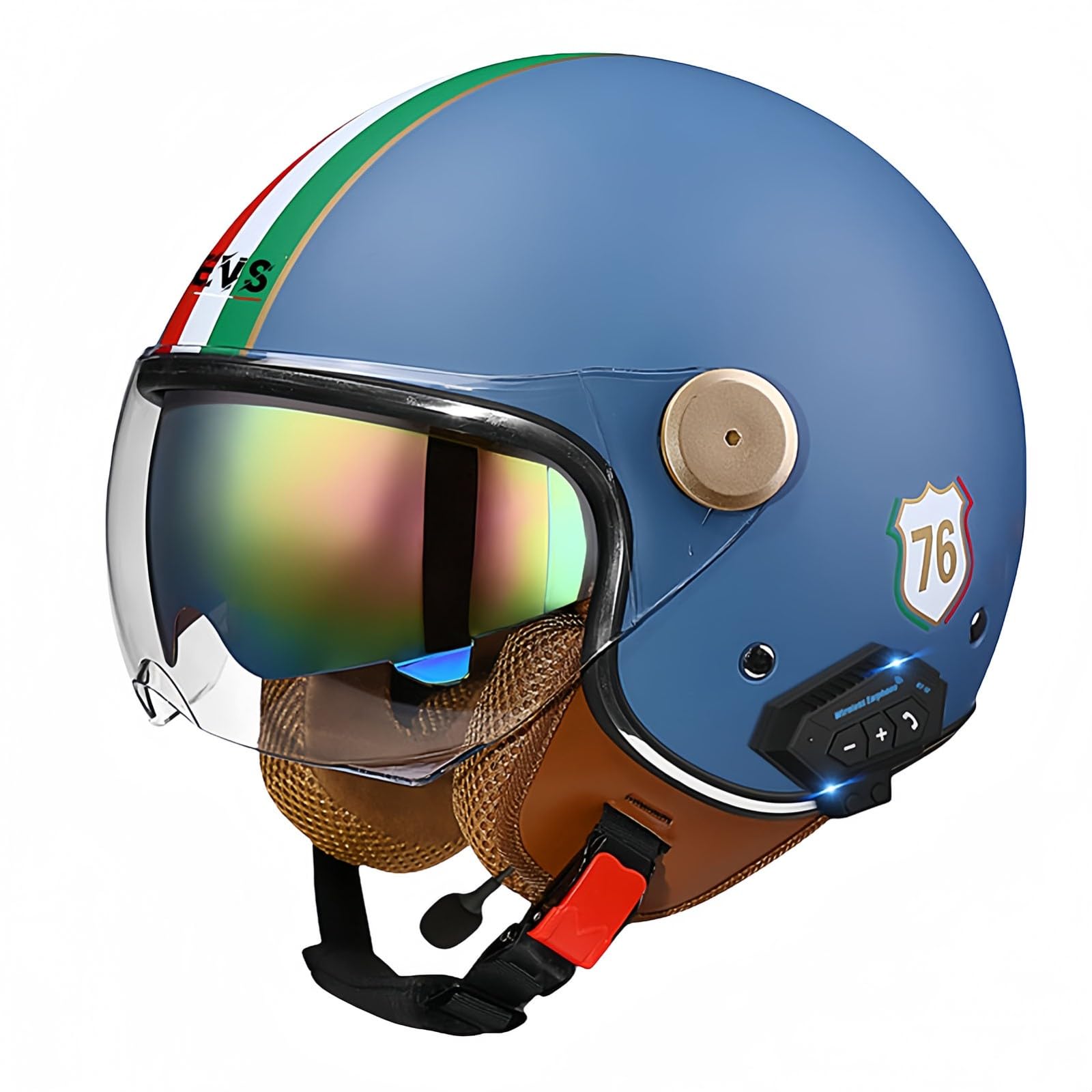 3/4-Bluetooth-Helm mit offenem Gesicht, Vintage-Motorrad-Halbhelm, ECE-zugelassenes Moped mit Doppelvisier, Motorradhelm für Männer, Erwachsene, Frauen J,L59-60CM