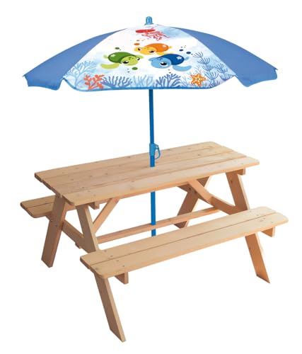 FUN HOUSE MA Petite Carapace Picknicktisch, Höhe 53 x 95 x Ø 100 cm, mit Sonnenschirm Schildkröte, Höhe 125 x Ø 100 cm, für Kinder