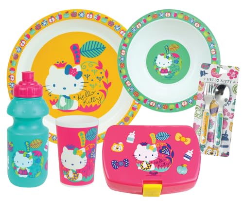 Hello Kitty Geschirrset für Kinder, mit 1 Glas 220 ml, 1 Suppenteller Ø 16 cm, 1 Teller Ø 22 cm, 1 Trinkbecher 350 ml, 1 Snackbox und 2 Decken, Höhe 13,5 cm – Geschirr wiederverwendbar ABLE