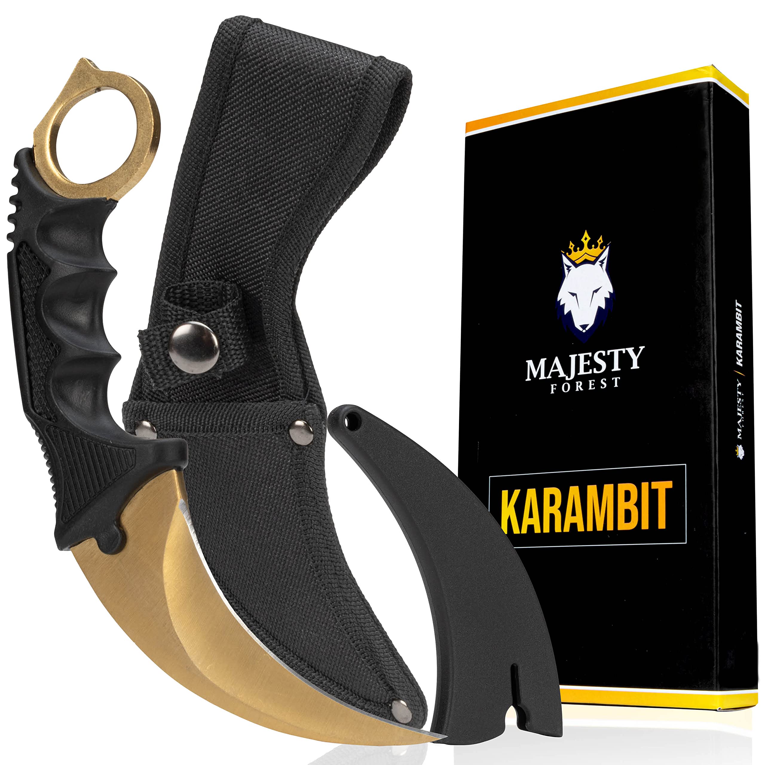 Majesty Forest® Karambit Messer (Gold) - Sehr scharfe Klinge - CSGO Trainer mit Holster und Klingenschutz