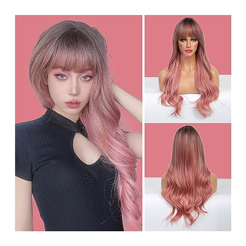 Perücken Natürliche Welle for Frauen, Cosplay, natürliche Perücke, hitzebeständig, lange gewellte Ombre-Braun-Rosa-Synthetik-Perücken mit Pony Damenperücke(Color:LC6018)