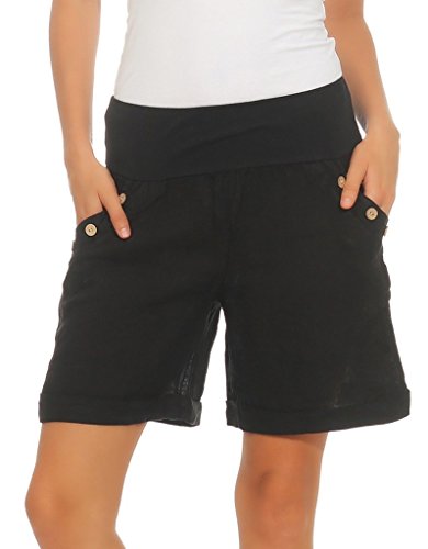 Mississhop 280 Damen Leinenshorts Bermuda lockere kurze Hose Freizeithose 100% Leinen Shorts elegante Haremshose mit Knöpfen Sommer Strand Schwarz S