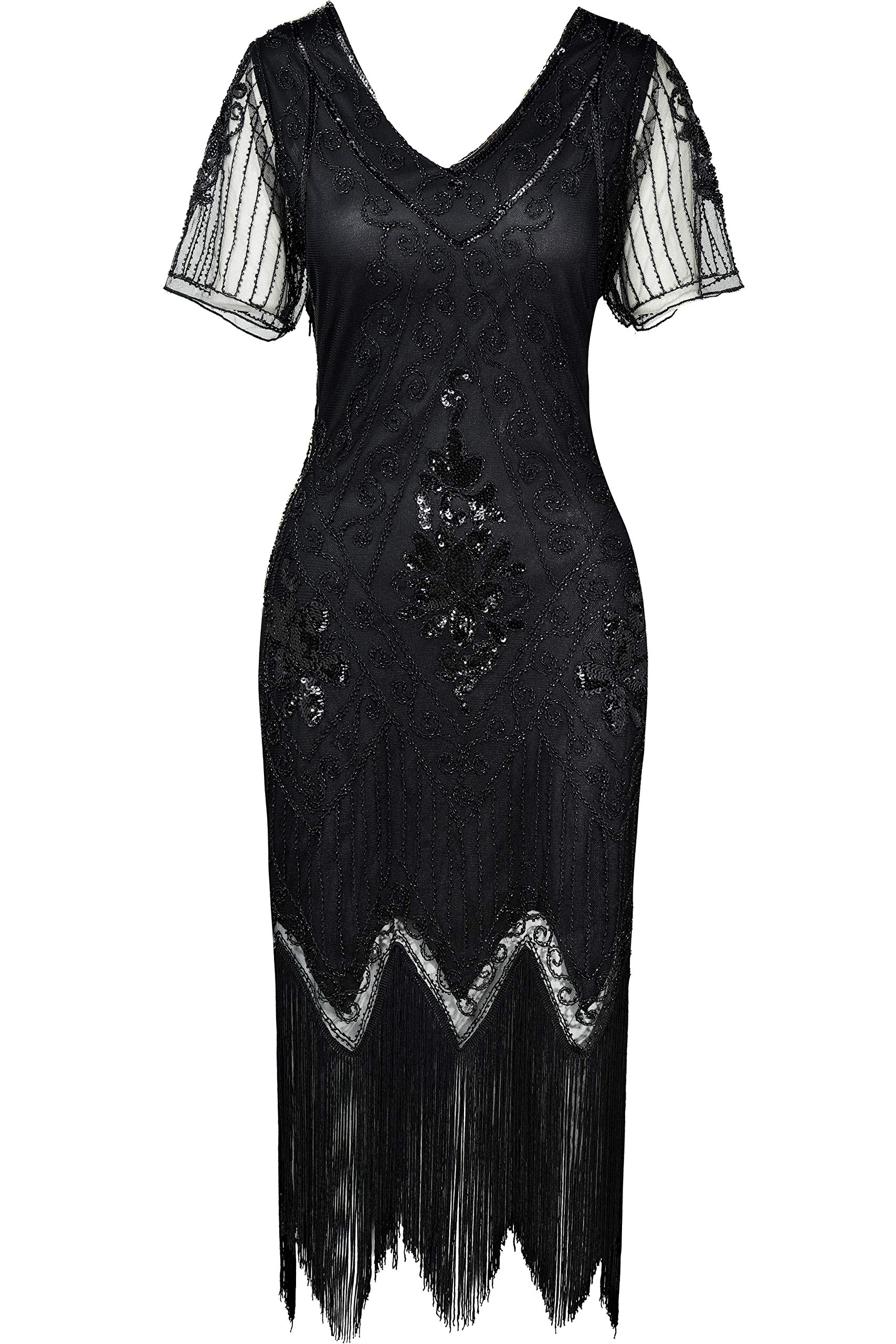 BABEYOND 1920s Kleid Damen Flapper Kleid mit Kurzem Ärmel Gatsby Motto Party Damen Kostüm Kleid (Schwarz, S)