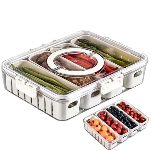 QARIDO Divided Serving Tray with Lid and Handle, 4 Compartments, Portable Transparent Organizer, Snack Box Organiser for Sweets, Candy, Veggie, Biscuit, Nuts, Fruit