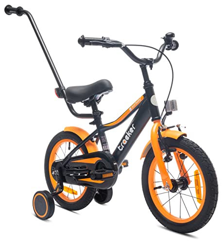 sun baby Jungenfahrrad 14 Zoll Jungen Kinderfahrrad Tracker Bike Leicht Stützräder mit Schubstange ab 2-6 Jahre BMX Fahrrad Kinder (Neon Orange, 14 Zoll)