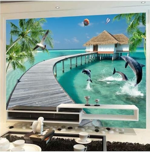 tyujlkjddlf Tapete Wandbild 3D Benutzerdefinierte Tv Hintergrund Wand Tapete Wohnzimmer Tapete Wandbild 3D Dreidimensionale Tapete Meerblick Landschaft Delphin Wandbild-400Cmx280Cm