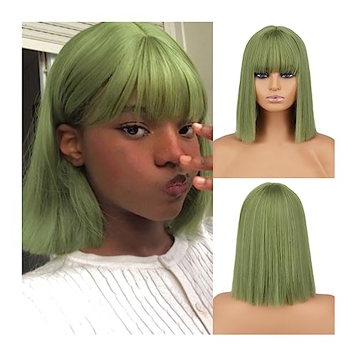 Perücken Grüne kurze gerade synthetische Perücke mit Pony, Afroamerikanerin, weiß, weiblich, Cosplay/Party/tägliche Perücke Damenperücke (Color : 1)