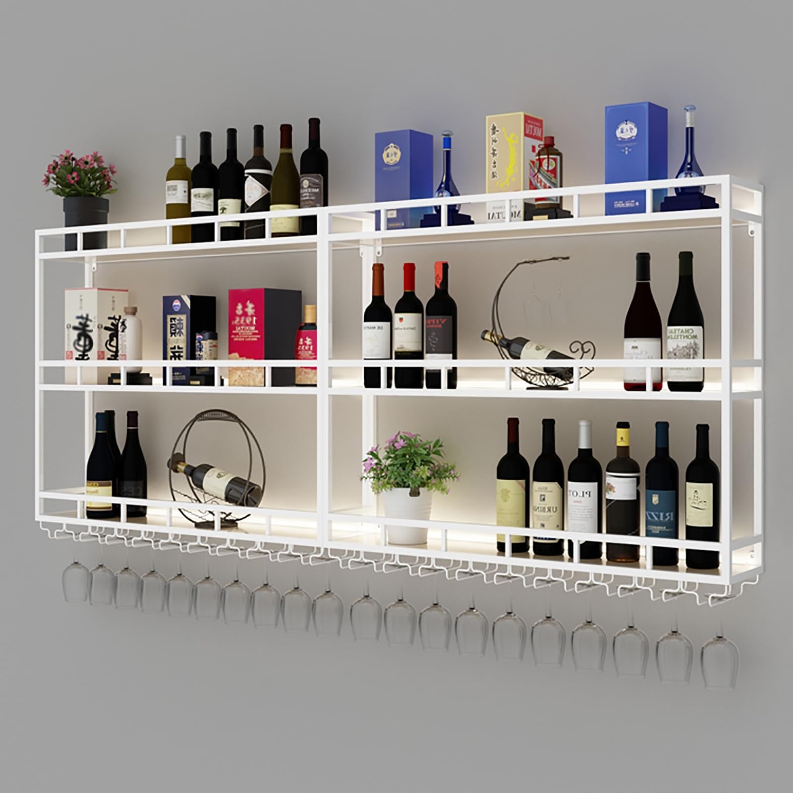 Weinregal mit großem Fassungsvermögen, Wandmontage, Weinflaschen-Glashalter, industrielle Bar, schwebende Wandregale mit LED-Lichtern, Likörflaschen-Ausstellungsregal, moderne