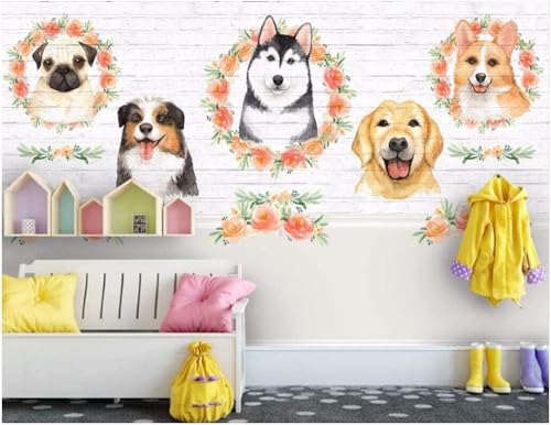 Rosa Blume Tier Hund 3D Tapete Poster Restaurant Schlafzimmer Wohnzimmer Sofa TV Dekorative Wand-300cm×210cm