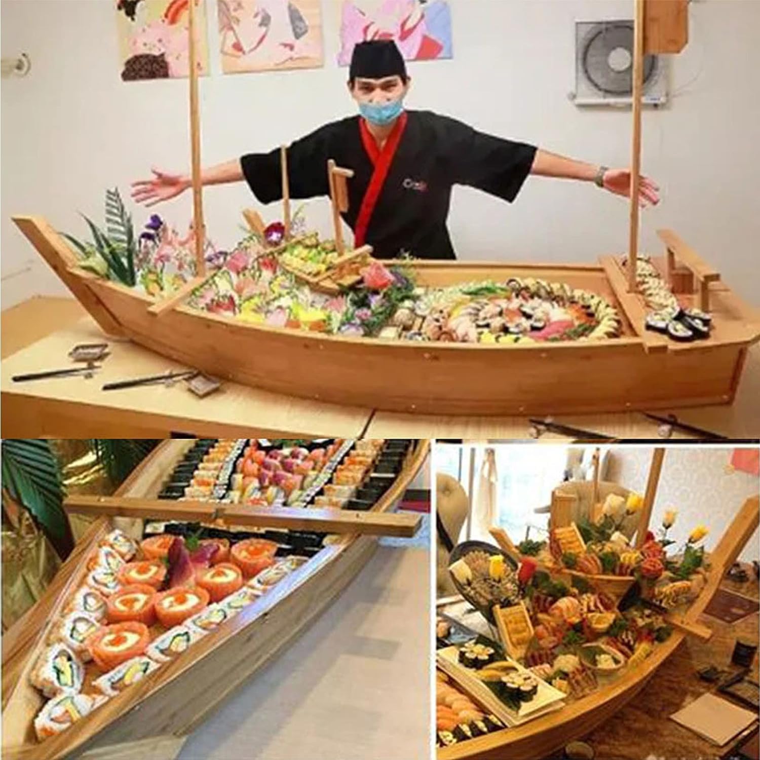 Gvqng Sushi-Boot aus Holz, Sushi-Teller in Bootsform, Sashimi-Sushi Bambusteller, Japanischer Stil Bambus-Sushi-Tablett Vorspeisenteller, für das Restaurant zu Hause,A,80 * 27cm