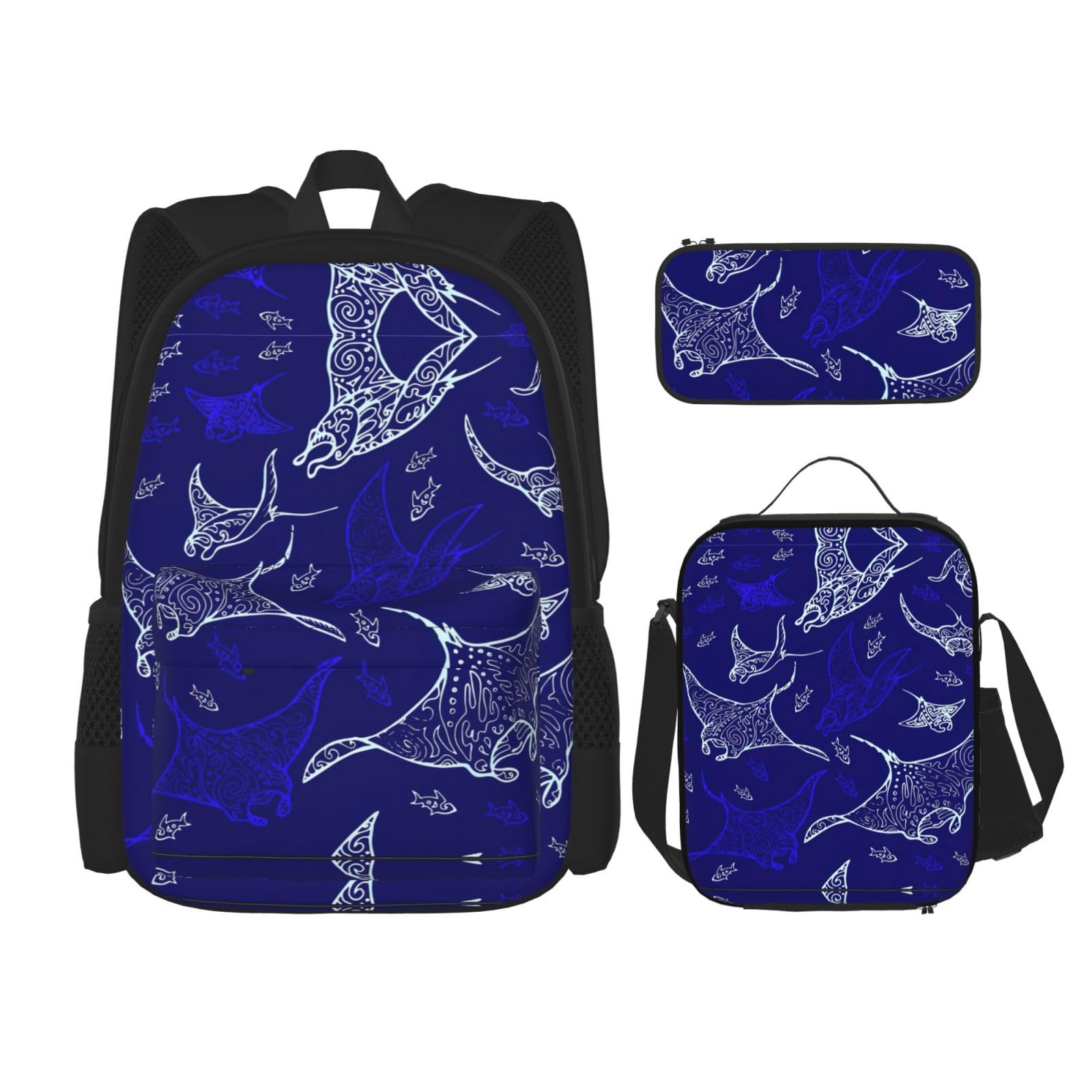 WURTON Manta Ray und Fisch-Druck, 3-in-1-Sets, lässig, verstellbar, Schulter-Rucksack, Lunch-Tasche, Federmäppchen, Beutel, Schwarz, Einheitsgröße