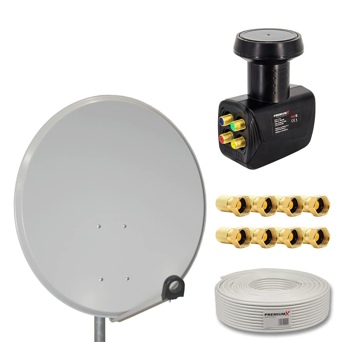 Premium X Satelliten-Komplettanlage 4 Teilnehmer 80cm Satellitenschüssel Hellgrau SAT Quad LNB 50m Antennenkabel 8X F-Stecker