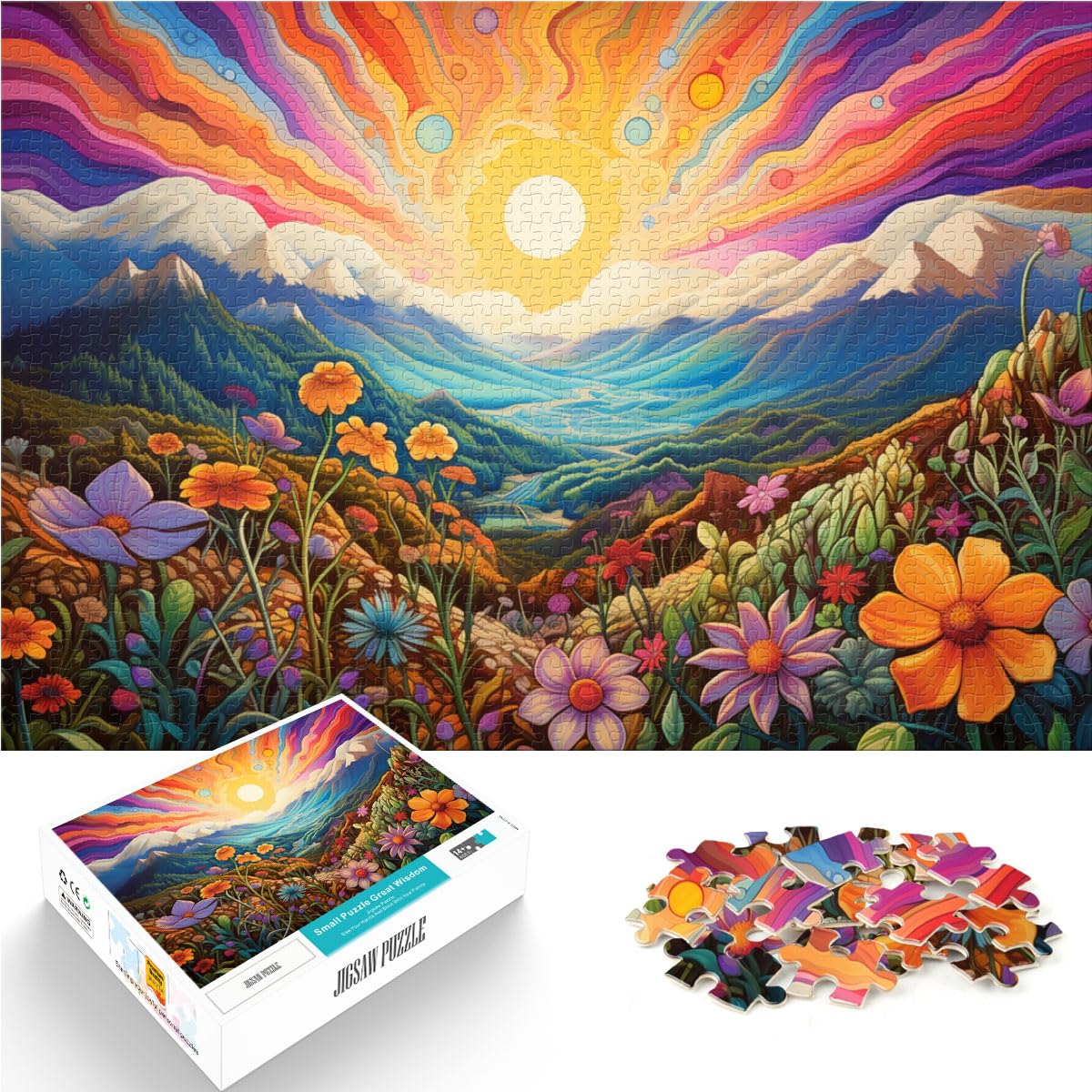 Spielgeschenk Puzzle Wildblumen unter dem psychedelischen Sonnenuntergang 1000-teiliges Puzzle für Erwachsene Holzpuzzle Familienunterhaltungsspielzeug 1000 Teile (50 x 75 cm)