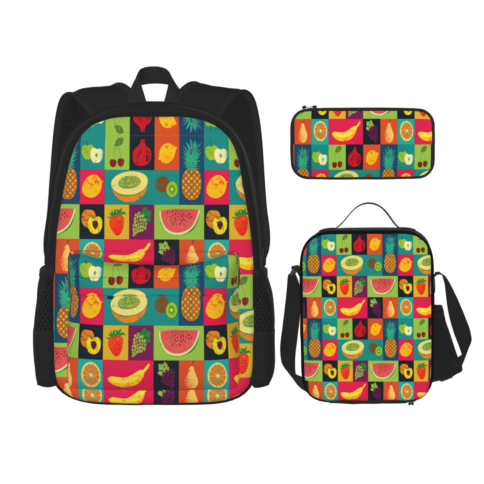 WURTON 3-in-1-Set mit Kunstdruck, verstellbarer Schulter-Rucksack, Lunch-Tasche, Federmäppchen, Beutel, Schwarz, Einheitsgröße