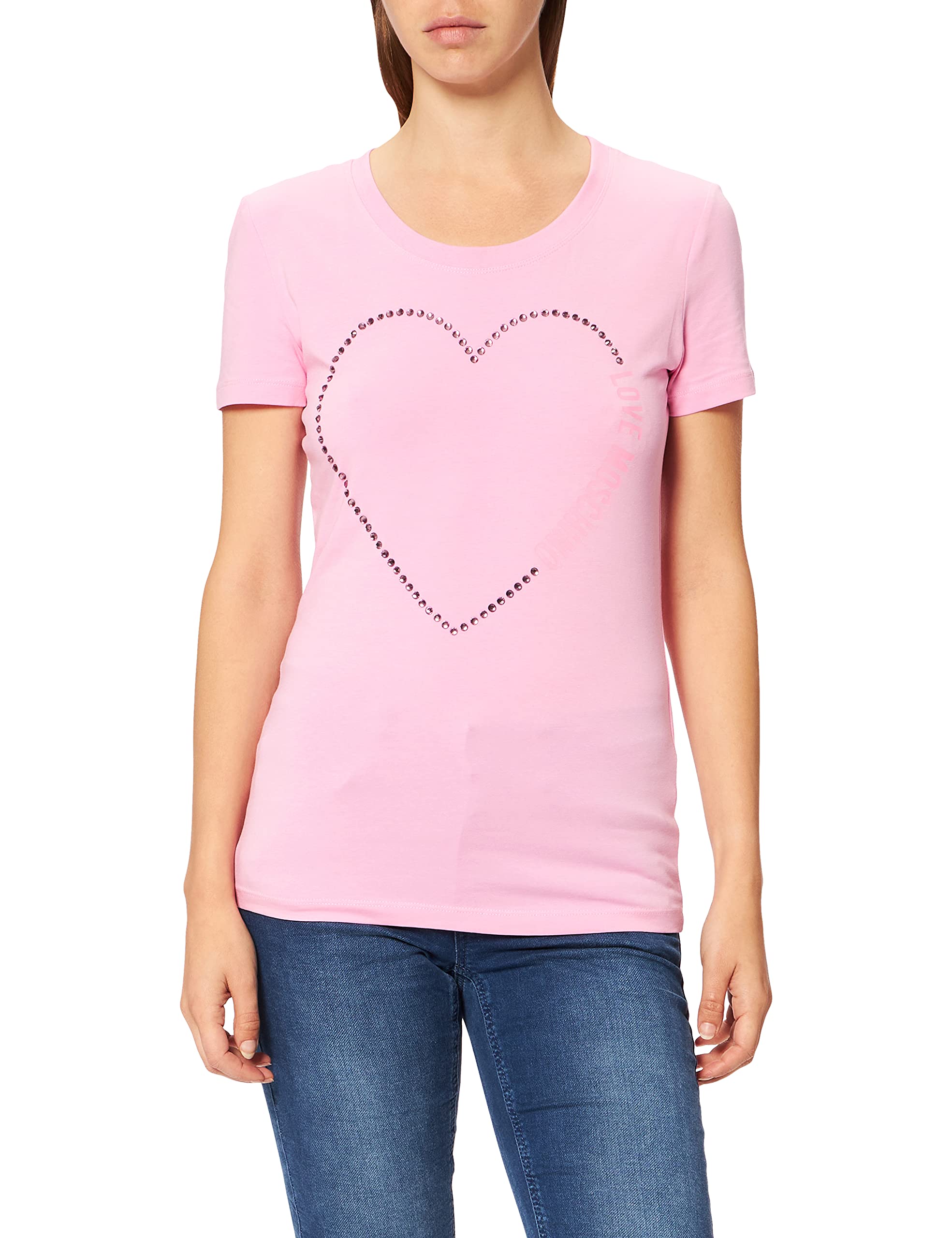 Love Moschino Damen Fitted Short Sleeved hue Rhinestone Heart with Shiny Print on Chest T-Shirt, PINK, 42