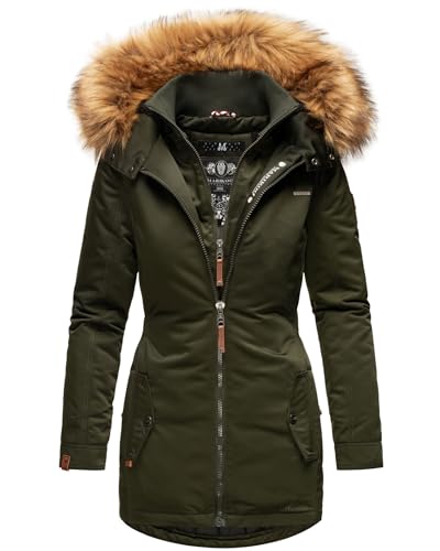 MARIKOO Designer Damen Winter Jacke Parka Mantel Teddyfell warm gefüttert B825 [B825-Sanak-Olive-Gr.M]