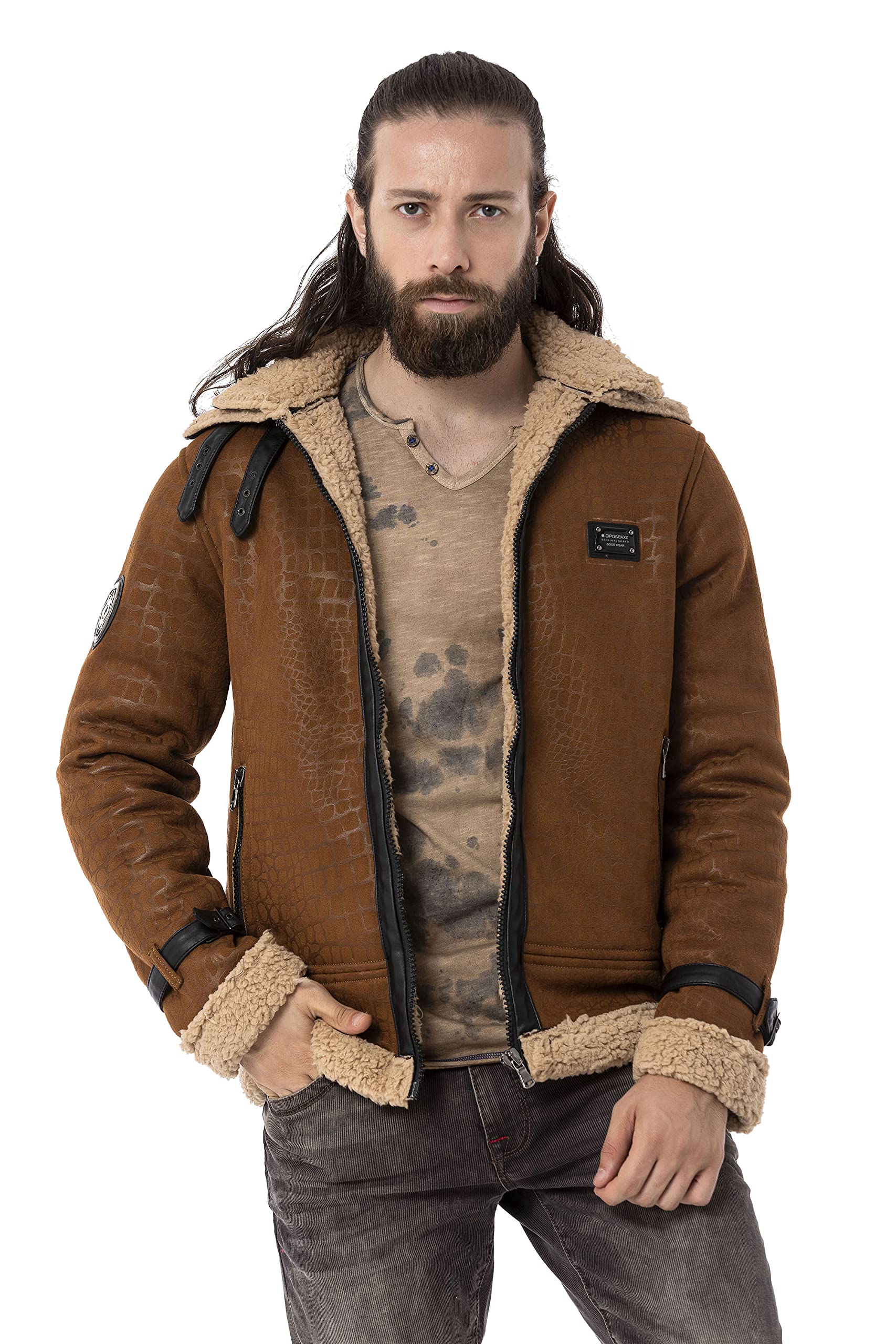 Cipo & Baxx Herren Jacke Wildleder Kunstleder Winterjacke Gefüttert Kunstpelz CJ286 Braun L