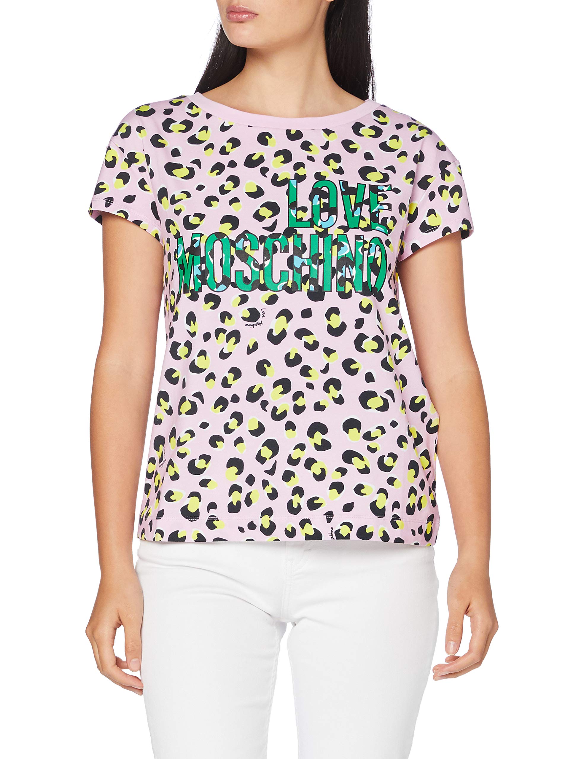 Love Moschino Damen Allover animalier&Logo Print T-Shirt, Mehrfarbig (P.Leopard/Pink 0015), 40 (Herstellergröße: 46)