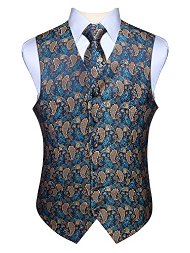 Enlision Herren Paisley Blumenhochzeit Jacquard Weste & Krawatte und Pocket Square Weste Anzug Set Aqua & Brown