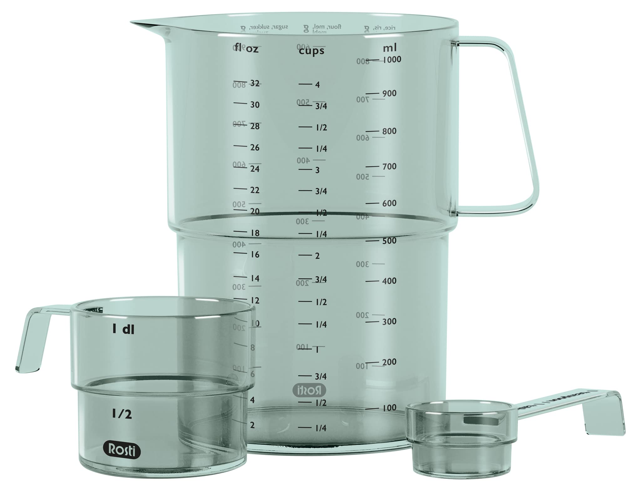 Rosti Mensura Messbecher-Set aus SAN-Kunststoff, 3er-Set, Messlöffel 15ml, Messbecher 100ml & Litermaß 1 liter, Nordic Green