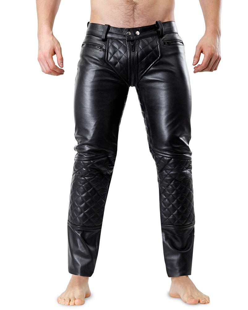 Bockle® 5 Gay-Zip gesteppt Leder Jeans Lederhose mit durchgehendem Reißverschluss Zip, Size: 29W / 30L