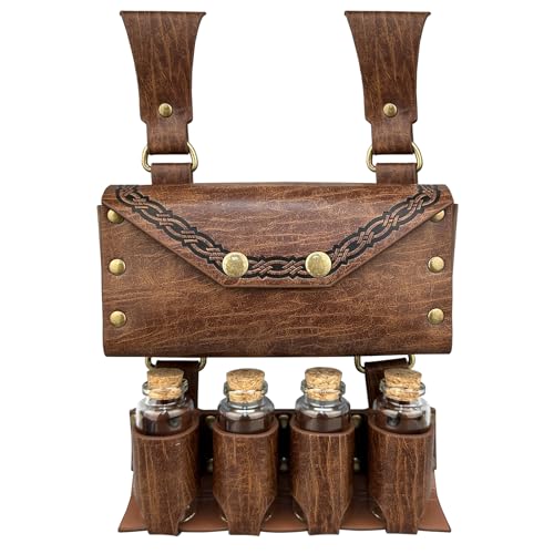 HiiFeuer Mittelalterliche Alchemie Kunstleder Gürteltasche mit 4 Kork Zaubertrank Fläschchen, Fantasy Wizard Hüfttasche Side Pack für Halloween (Hellbraun A)