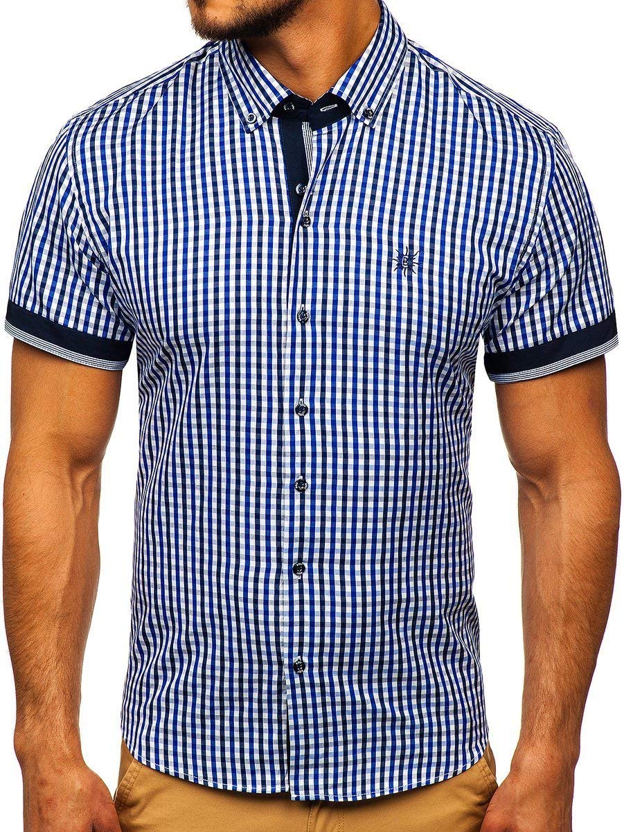 BOLF Herren Hemd Langarm Kariert Trachtenhemd Karo-Look Vichy-Muster Casual Style Freizeit Klassiker 4510 Mittelblau M [2B2]