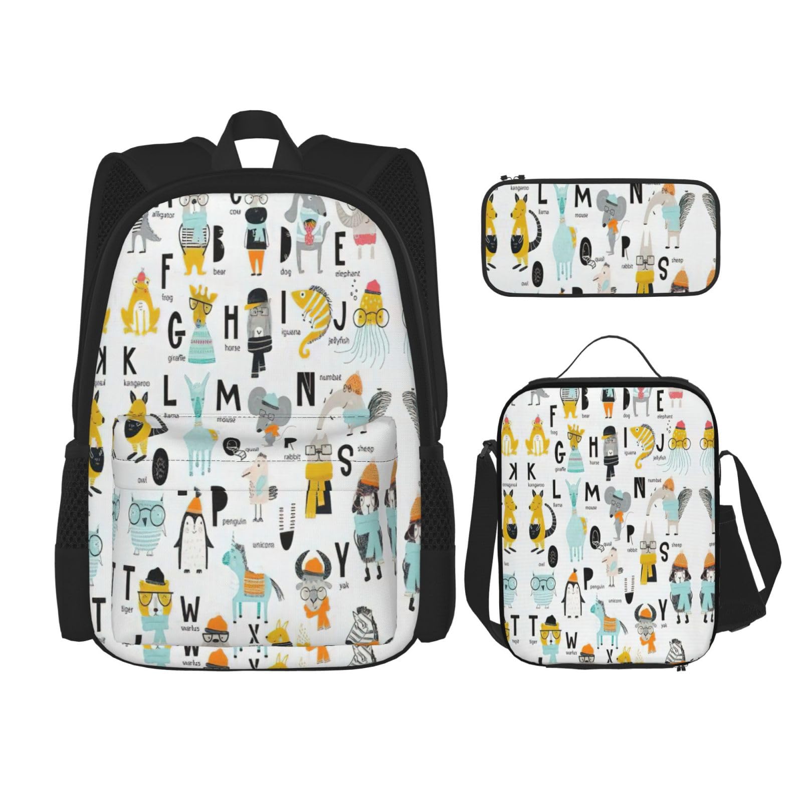 WURTON Niedlicher Cartoon-Tier-Alphabet-Druck Rucksack Mädchen Jungen Schultaschen Teenager Lunchbox und Federmäppchen 3 in 1 Büchertaschen Set