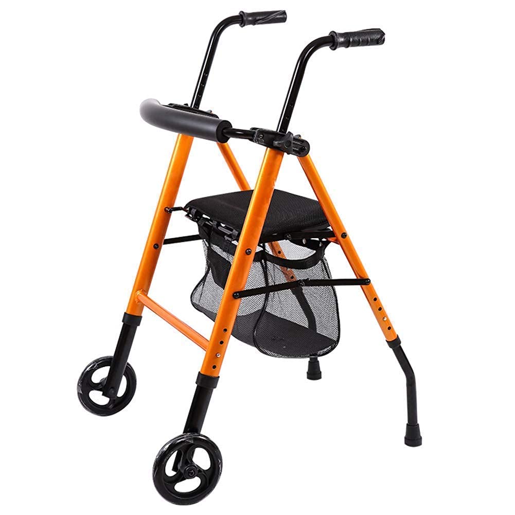 Lauflernhilfe für ältere Menschen, Faltbarer Rollator Vierradlauflernhilfe Orange mit Rollen Lauflernhilfe Gehhilfe Mobilitätshilfe Höhenverstellbar Einkaufstasche Run Forward