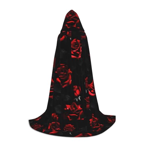 WURTON Rote und schwarze Rosen-Aufdruck, Halloween-Kapuzenumhang, Renaissance, Gothic, Umhang für Cosplay, Kapuzenumhang, Unisex