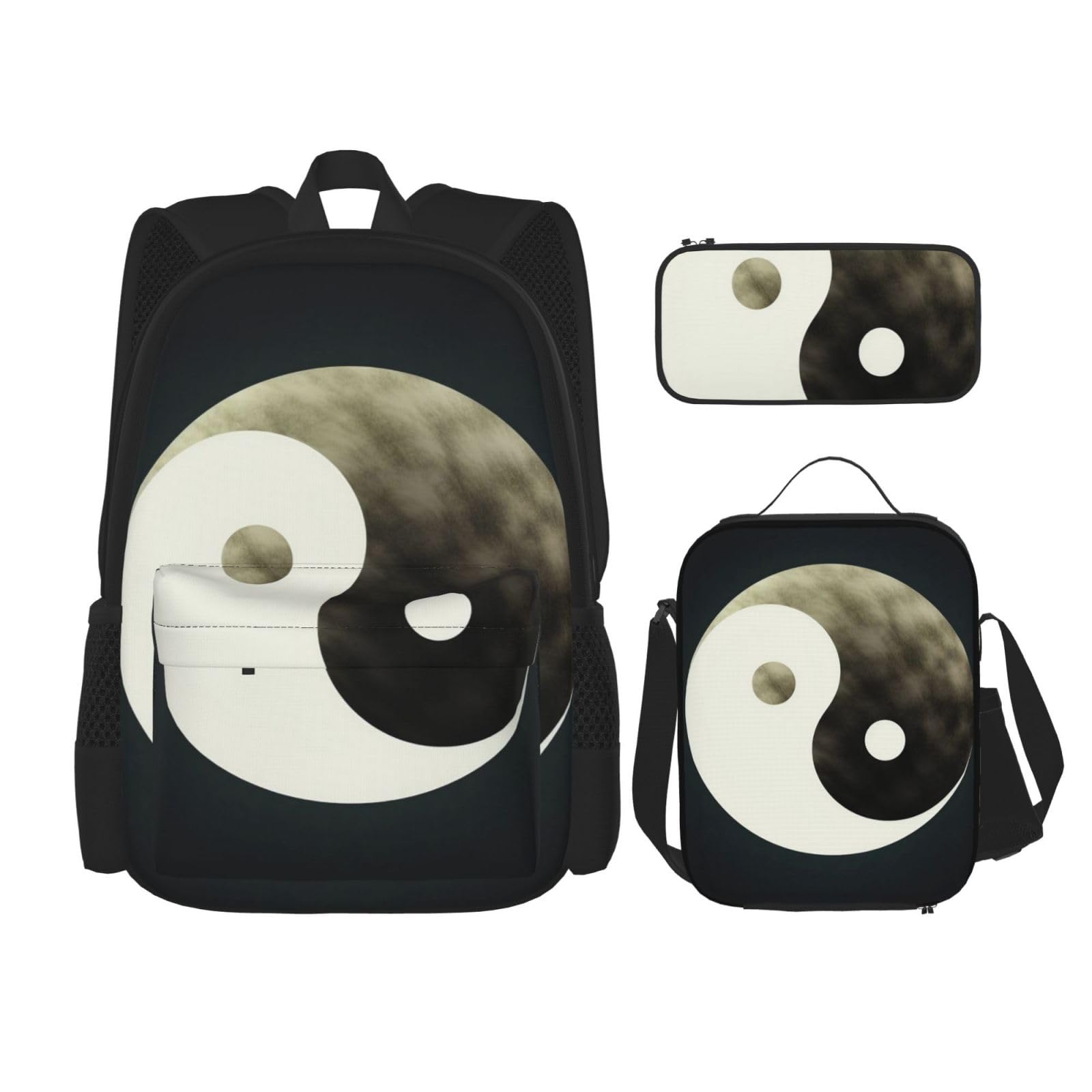 DENMER Mehrzweck-Schulranzen Marienkäfer mit passendem Federmäppchen und Lunchtasche Set - Ihre stilvolle All-in-One-Lösung, Yin-Yang-Symbol, Einheitsgröße