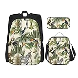 WURTON Trendige Rucksacktaschen mit Bäumen und Tiermotiven, Lunchbox und Federmäppchen, 3-in-1, verstellbares Rucksack-Set, Schwarz, Einheitsgröße, Schwarz , Einheitsgröße