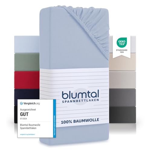 Blumtal® Baumwolle Spannbettlaken 135x190cm Basics Jersey im 2er Set - Bettlaken 135x190cm - Oeko-TEX zertifiziertes Spannbetttuch 135x190cm - Matratzenbezug 135x190cm - Leintuch - Hellblau