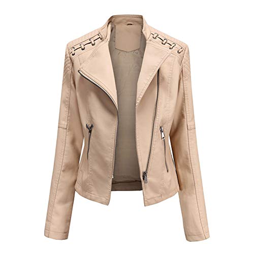 YOUCAI Damen Kruze PU Lederjacke Kunstleder Bikerjacke Damen Motorradjacke mit Reißverschluss für Herbst Frühling Slim Fit Kurze Jacke Kurzmantel Outwear Khaki L