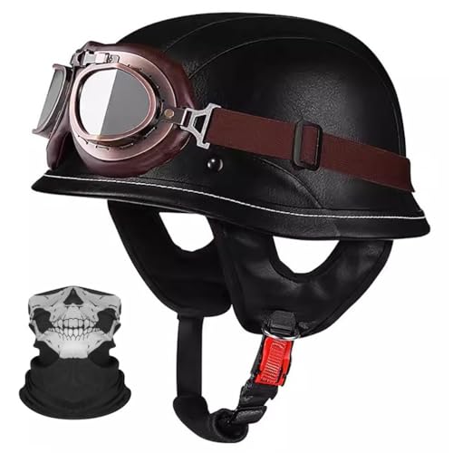 Deutsche Motorrad Halbhelme Leder Halbschalenhelm mit ECE Zertifiziert -Helm Mit Maske und Brille Herausnehmbares Innenfutter M~XXL 57~64CM