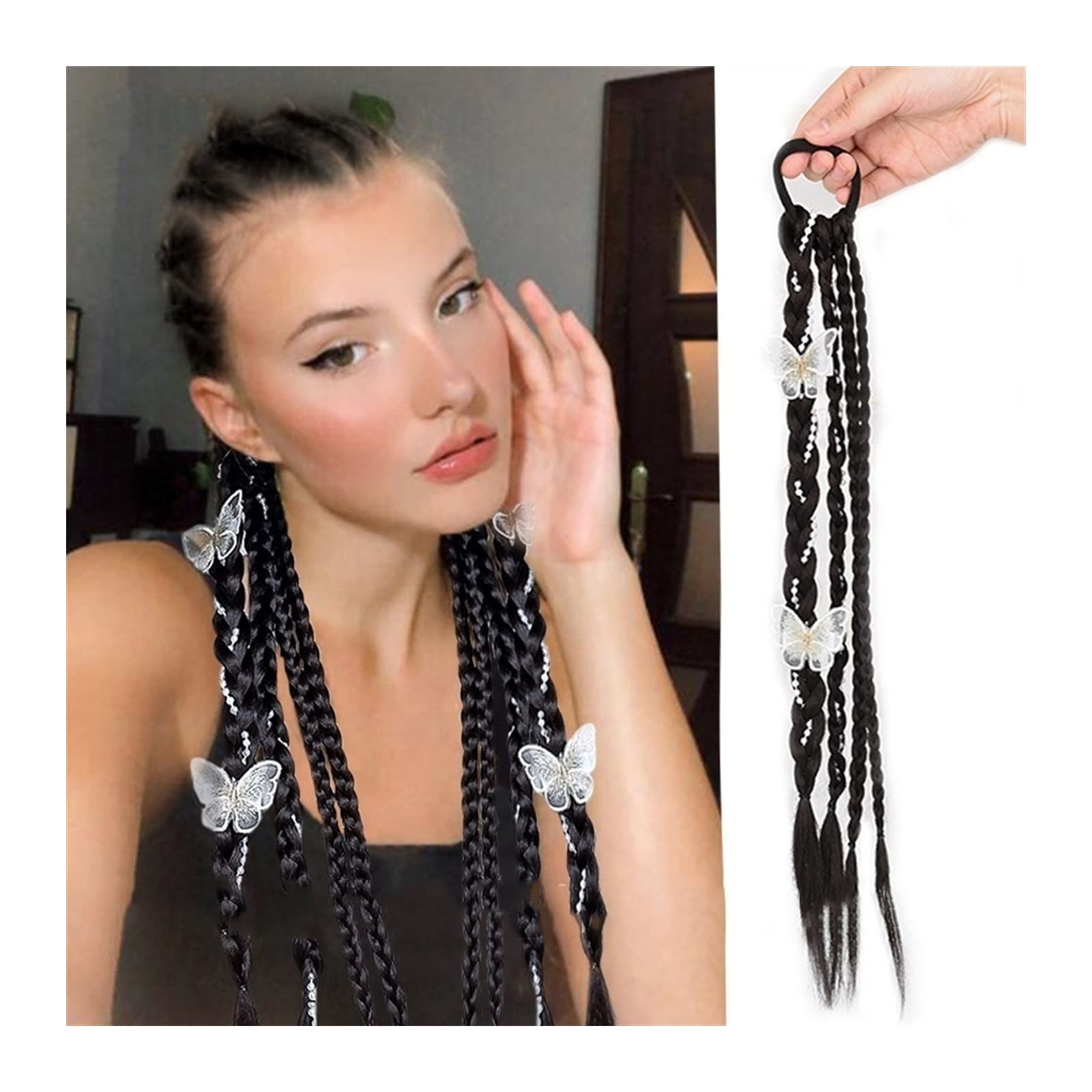 Ponytail Extension/Haarteil Synthetische Zöpfe Pferdeschwanz-Verlängerung for Frauen, elastischer Haargummi, Pferdeschwanz-Verlängerung mit Schmetterlings-Haarschmuck, täglicher Gebrauch, Haarteile Pf