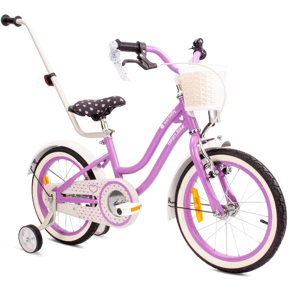 sun baby Mädchenfahrrad 16 Zoll Radgröße Heart Bike zur Auswahl, mit Abnehmbarer Schubstange, Kinderfahrrad für Mädchen von 2 bis 6 Jahre (Violett, 16 Zoll)