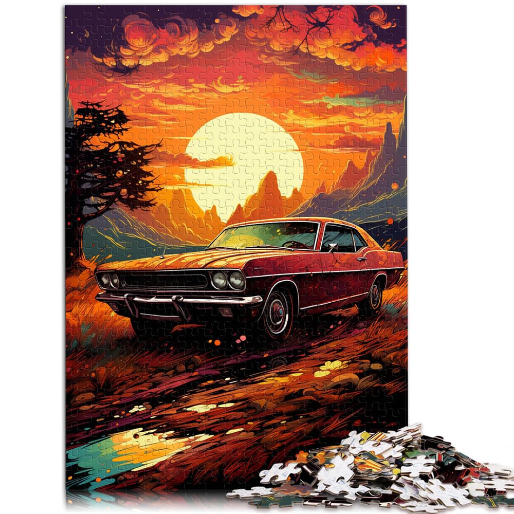 Puzzle-Spiele, farbenfrohes psychedelisches Retro-Auto bei Sonnenuntergang, Puzzle 1000 Teile, Holzpuzzle, anspruchsvolles, schwieriges Puzzle 1000 Teile (50 x 75 cm)