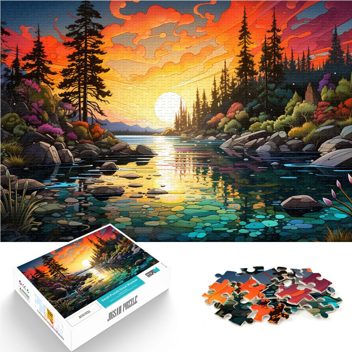 Puzzlespiele Bunte psychedelische Sonnenuntergangslandschaft für Erwachsene, 1000 Teile Puzzle, Holzpuzzle zum Stressabbau, Urlaub zu Hause, Zeit totschlagen, 1000 Teile (50 x 75 cm)