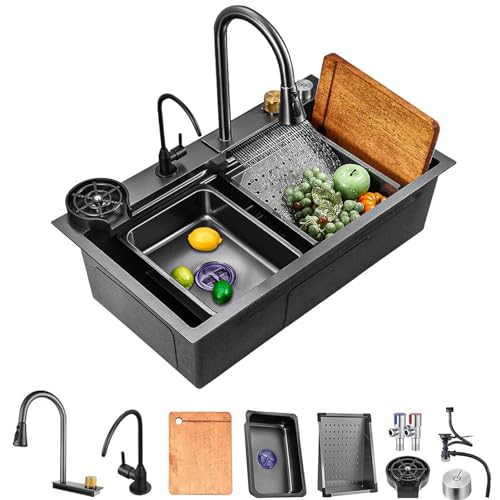 Küchenspüle,Nano Wasserfall Spüle,304 Edelstahl Barspüle,mit Flying Rain Pull-Out Wasserhahn, Pressurized Cup Washer (Color : Black-Grey, S : 80x45x20cm)