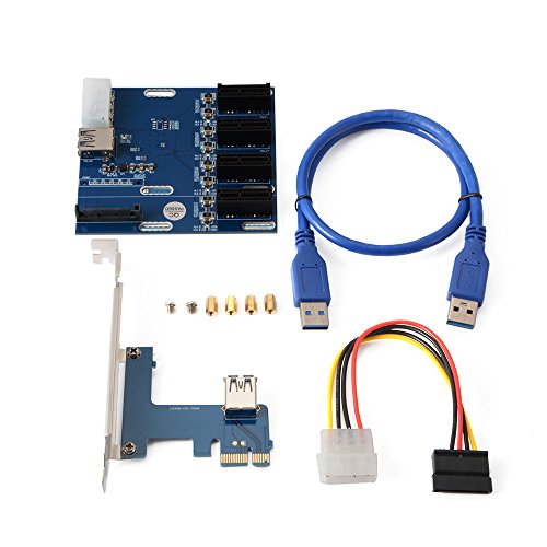 Sun3Drucker PCI-E Express 1X 1 to 4 Port Switch Multiplier Expansion Hub Riser Card + 4 Pin SATA Power Connector + USB 3.0 Cable