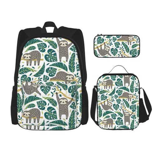 WURTON Niedlicher Rucksack mit Faultier-Druck, 3-in-1-Büchertaschen-Set, Lunchbox, Federmäppchen, Reise-Laptop-Tagesrucksäcke, Schwarz, Einheitsgröße