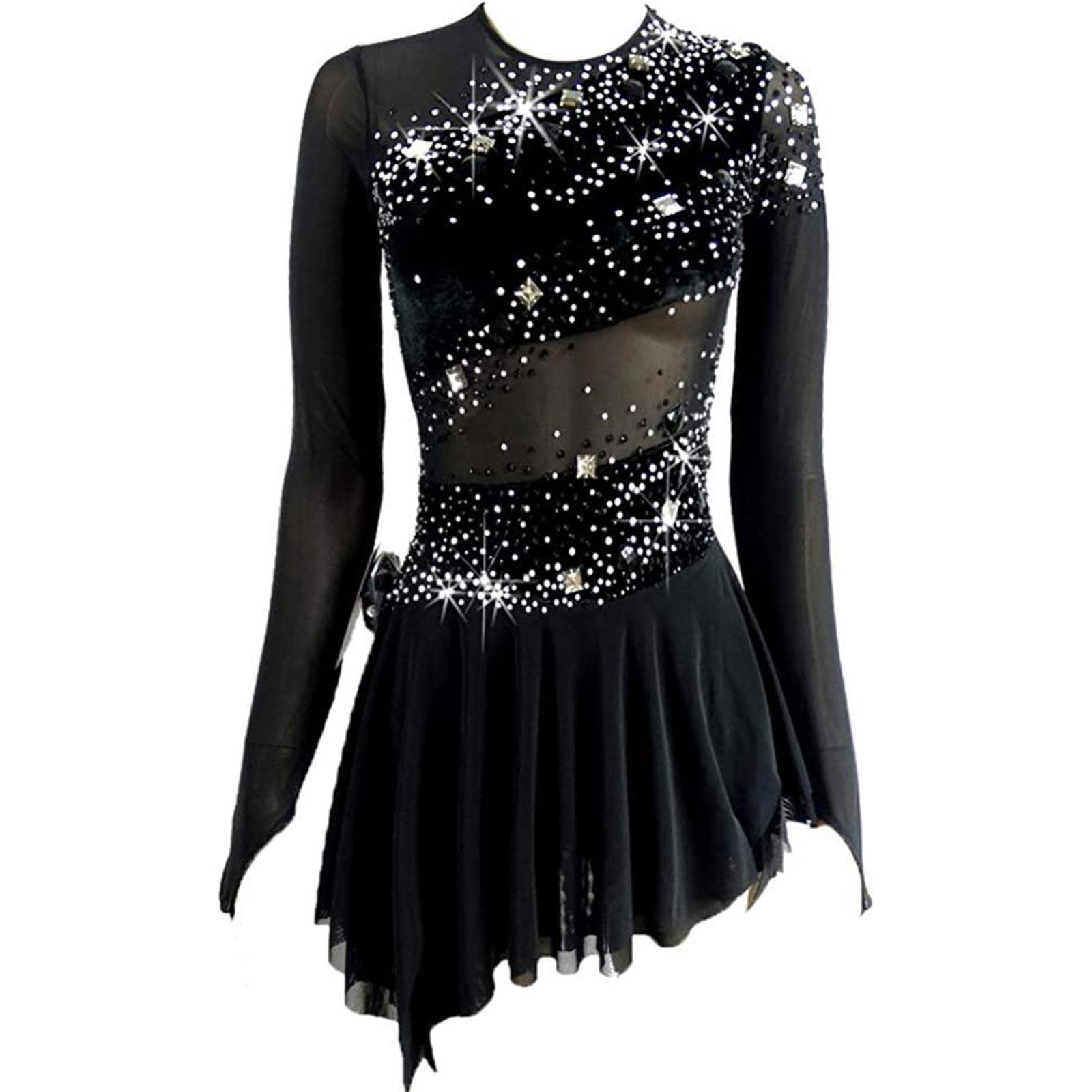 ZEDDG Mädchen Eiskunstlauf Kleid Ballettkleid Ballettanzug Gymnastikanzug Ballett Trikot Body Mit Strass Wettbewerb Kostüm,Black-M