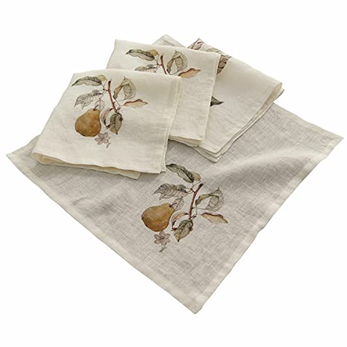 LOBERON® Serviette 4er Set Tupisa, zarter Birnen-Print, Landhaus-Stil, wiederverwendbar, Tischdeko, Tischwäsche, Leinen, Offwhite