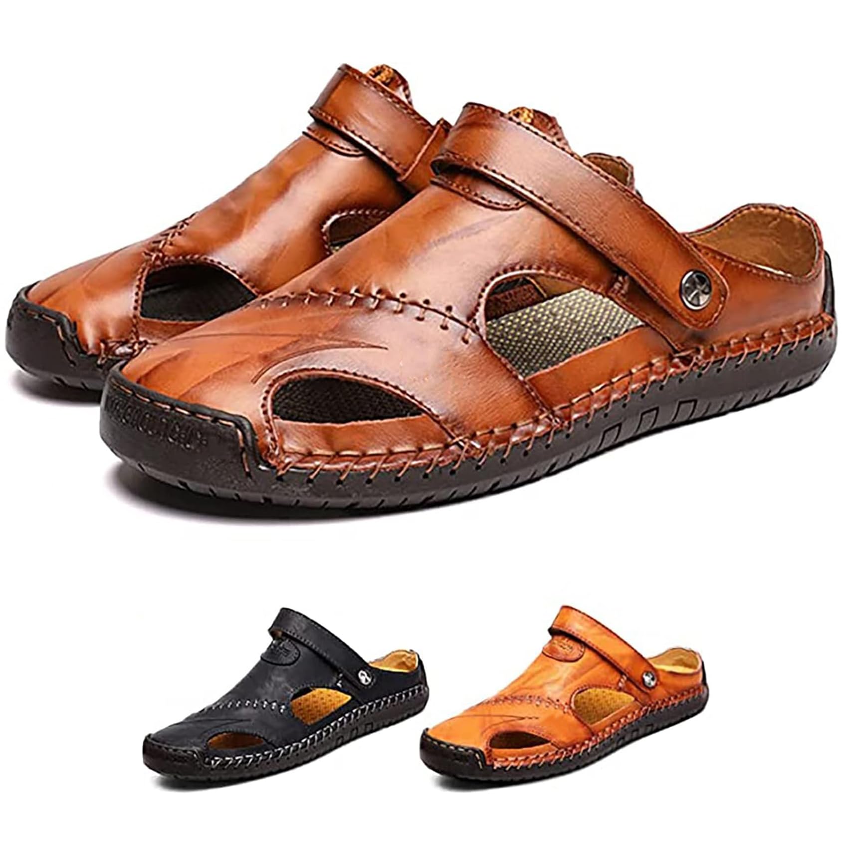 RUIZE Herren Ledersandalen,Herren Sandalen mit geschlossener Zehe Atmungsaktive Anti-Rutsch Slipper,Sommer Atmungsaktive Strand Wanderschuhe Slipper,Reddish Brown,45