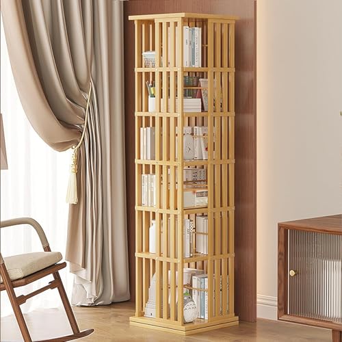 Bambus-Bücherregal, um 360° drehbares Bücherregal, Boden-Bücherregal, offenes Design, drehbares Bücherregal-Aufbewahrungsregal, für Home-Office-Dekor, Holzfarbe, 6 Etagen