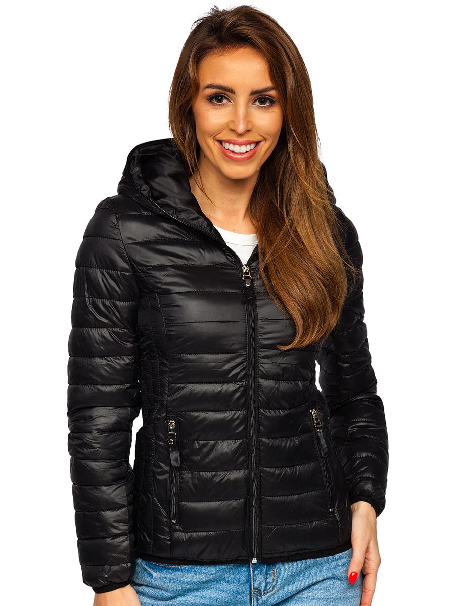 BOLF Damen Übergangsjacke Steppjacke mit Kapuze Daunenjacke Reißverschluss Sportjacke Zip Wärme Freizeit Outdoor Basic Casual Style R9769 Schwarz XL [D4D]